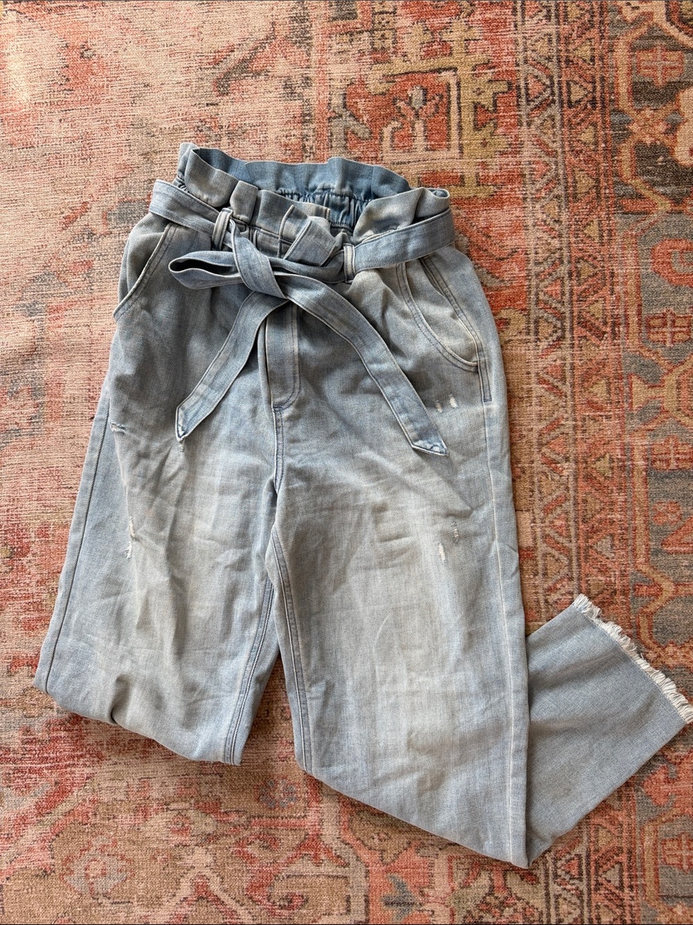 Light Wash Paperbag Waist Jeans with Tie Belt